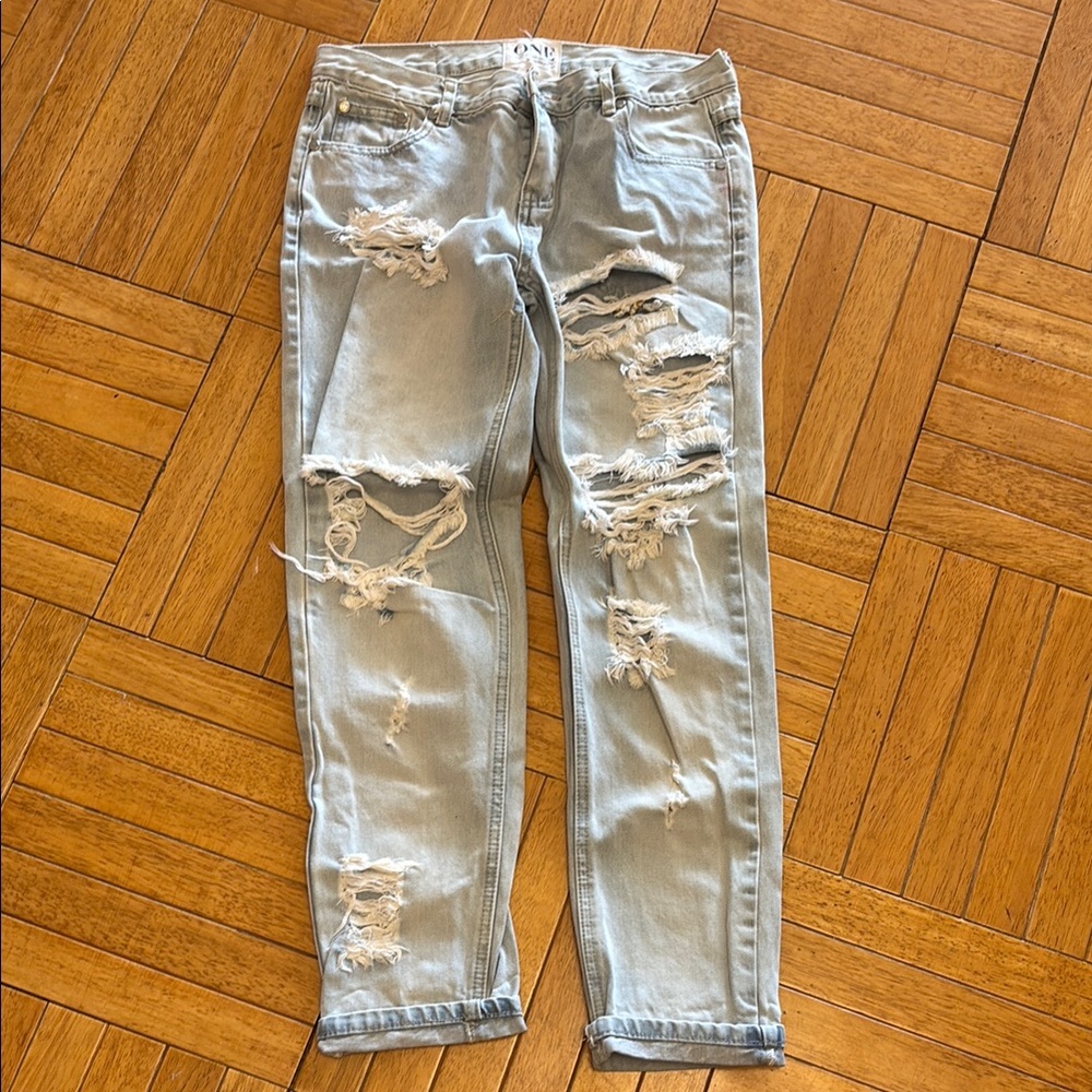 Distressed Blue Boyfriend Jeans with Vintage Wash